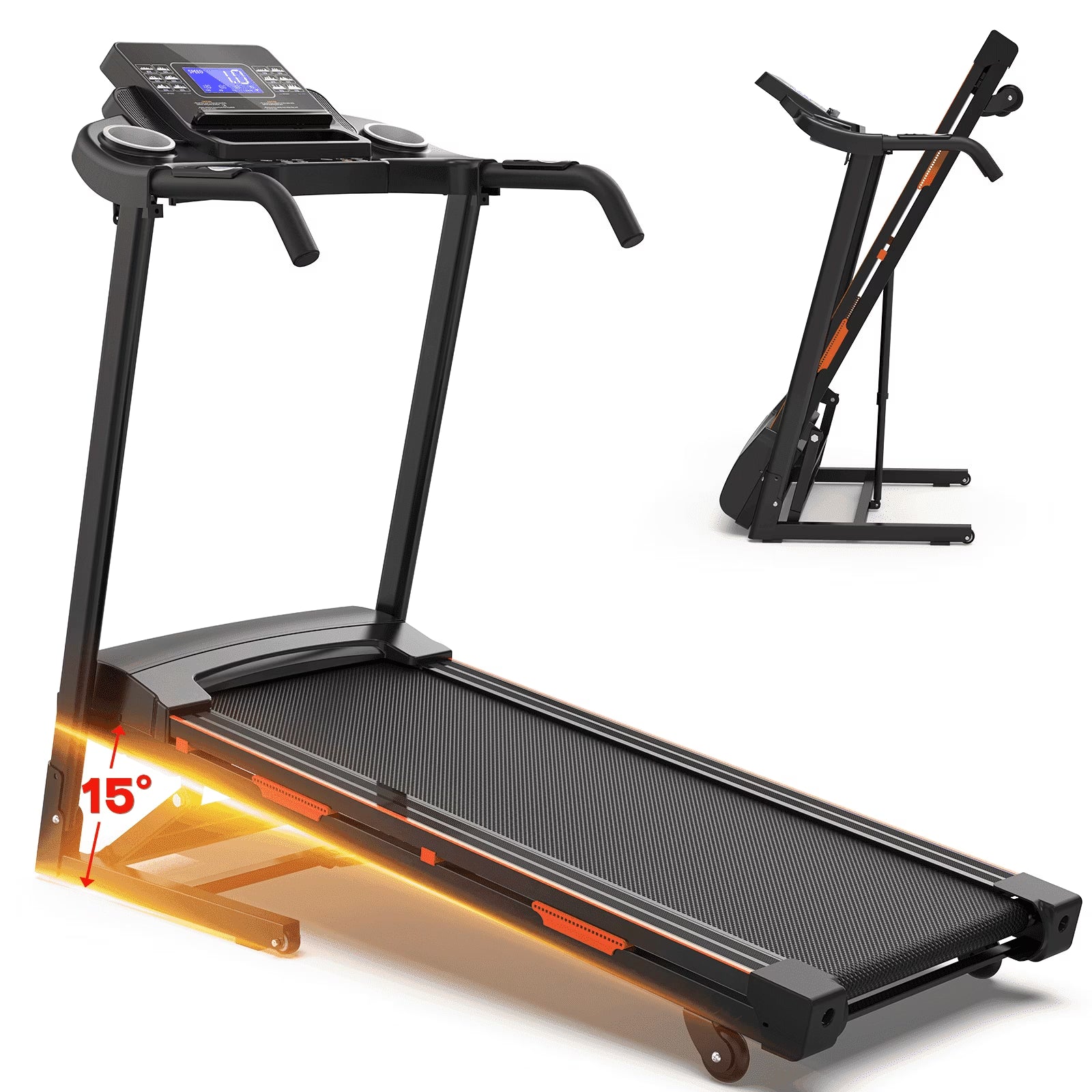 Electric Folding Treadmill, 330LBS Capacity, 15% Incline, 3.5HP, 8.5MPH, Heart Rate Sensor
