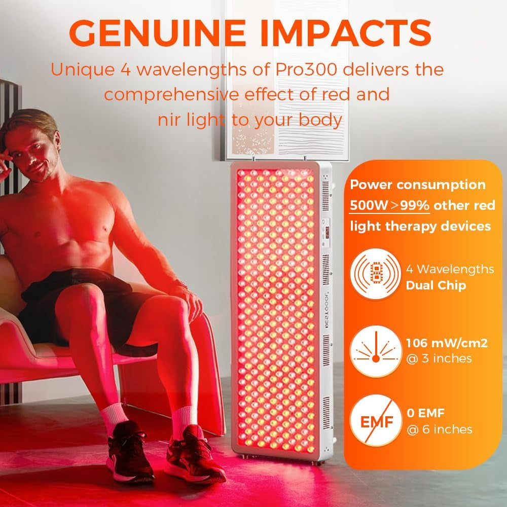 Red Light Therapy Device, 4 Wavelengths Full Body Infrared Red Light Therapy, Elite Grade Dual Chip 300 Leds, High Power Panel for Pain Relief, Muscle, Skin, Energy. 500W. Modular Design.