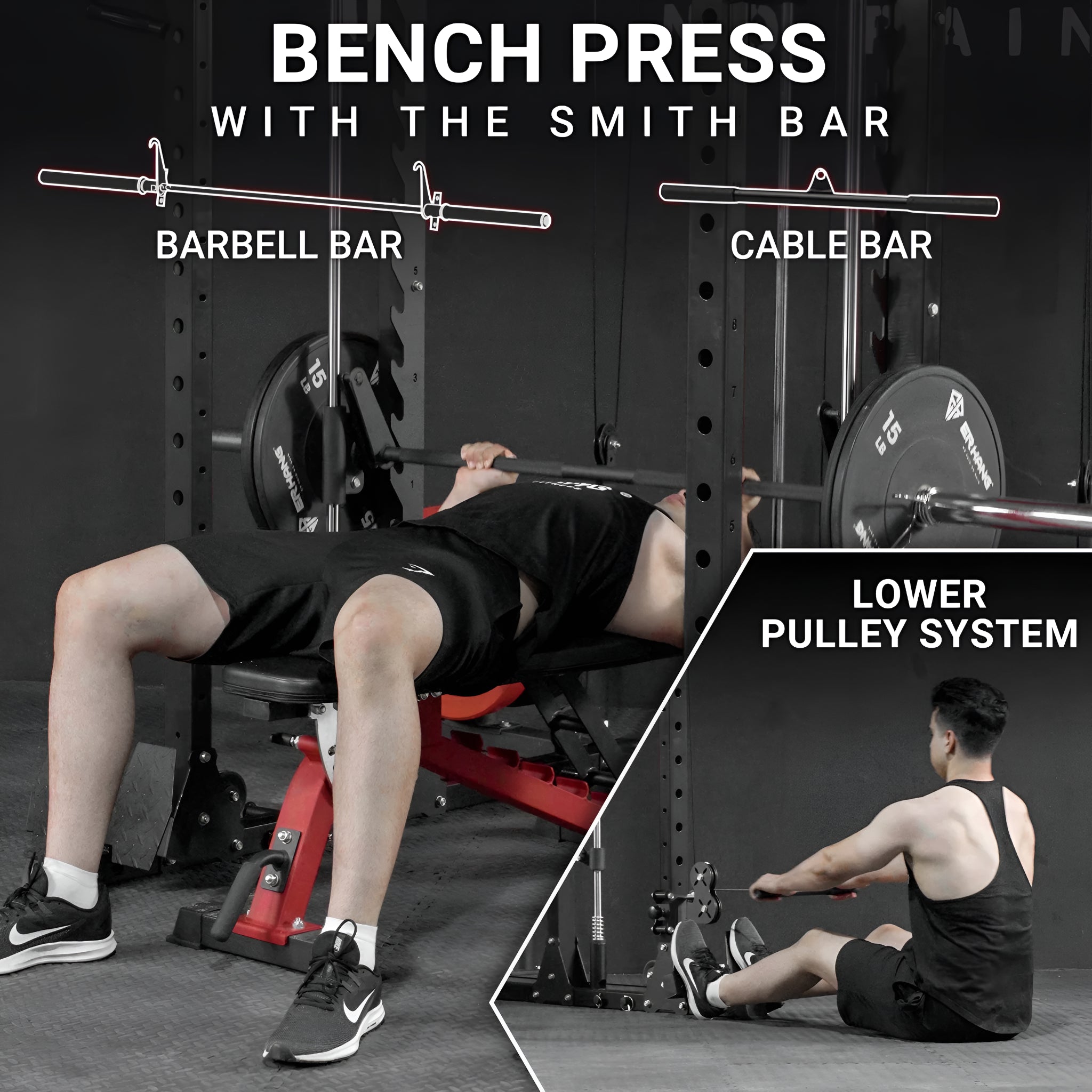 ER KANG Smith Machine Home Gym, 2000LBS Smith Rack with Cable Crossover and 800LBS Weight Bench, Home Gym Equipment