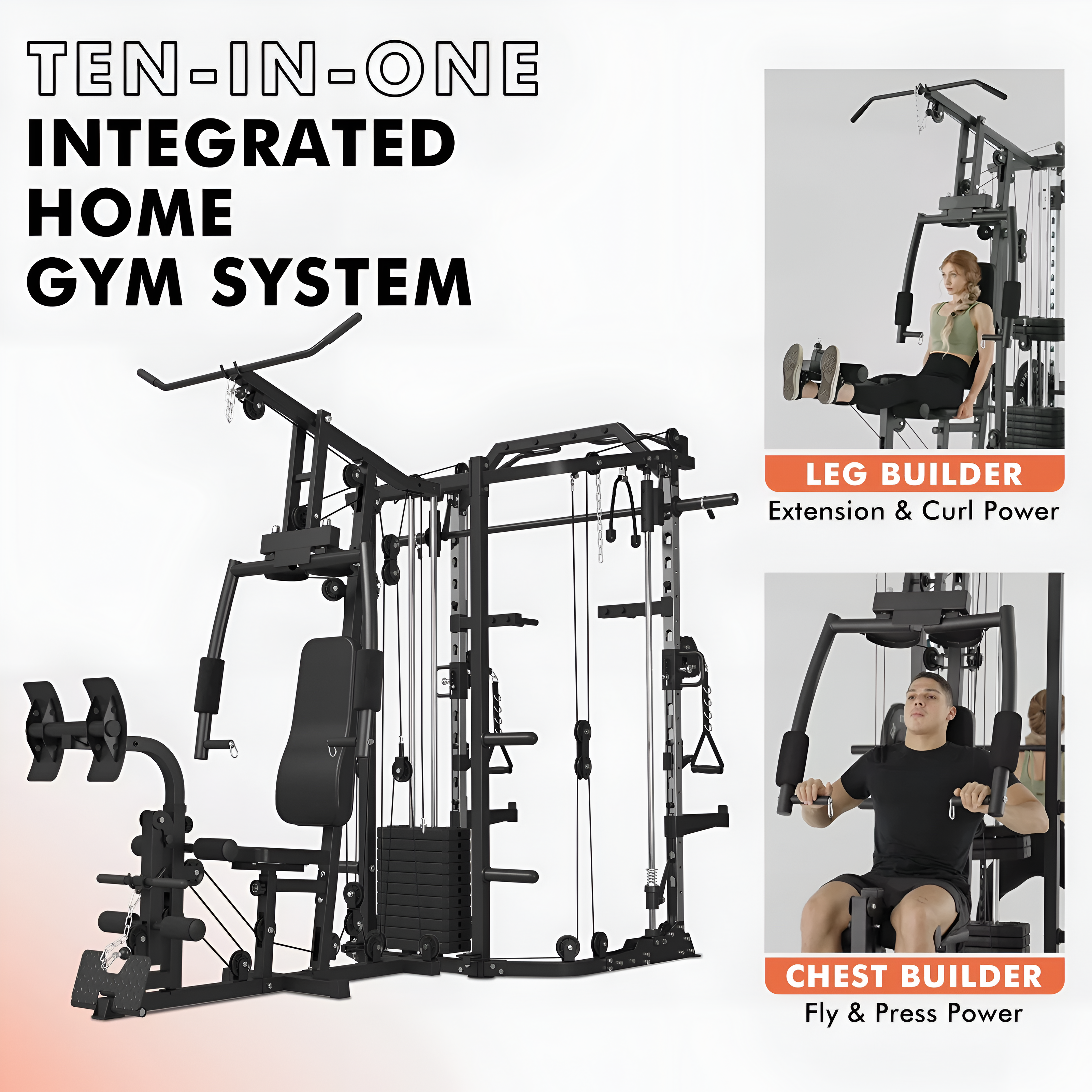 Smith Machine Power Cage, Multi-Function Home Gym System with Cable Crossover, 121LB Weight Stack