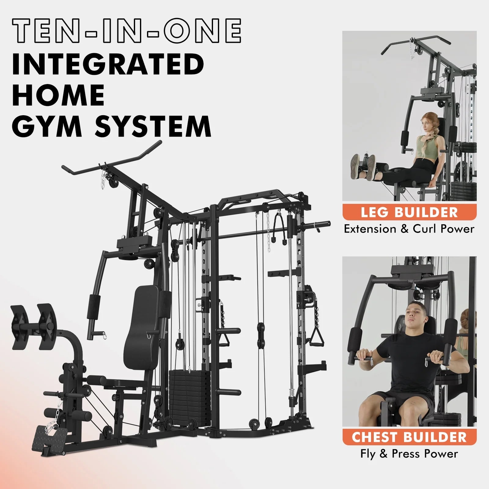 Smith Machine Power Cage, Multi-Function Home Gym System with Cable Crossover, 121LB Weight Stack