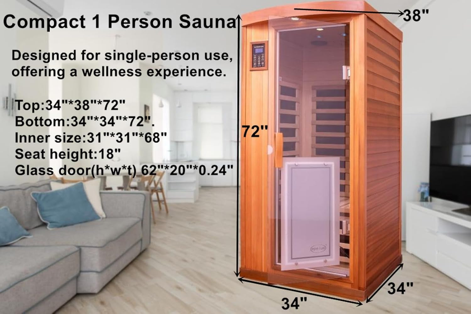 Far Infrared Sauna Room 1-2 Person Infrared Home Saunas, 8 Low EMF Heating Panels, 1510 Watts Red Cedar Wooden Saunabox with LED Reading Lamp, LCD Display-Control, Blue-Tooth Audio