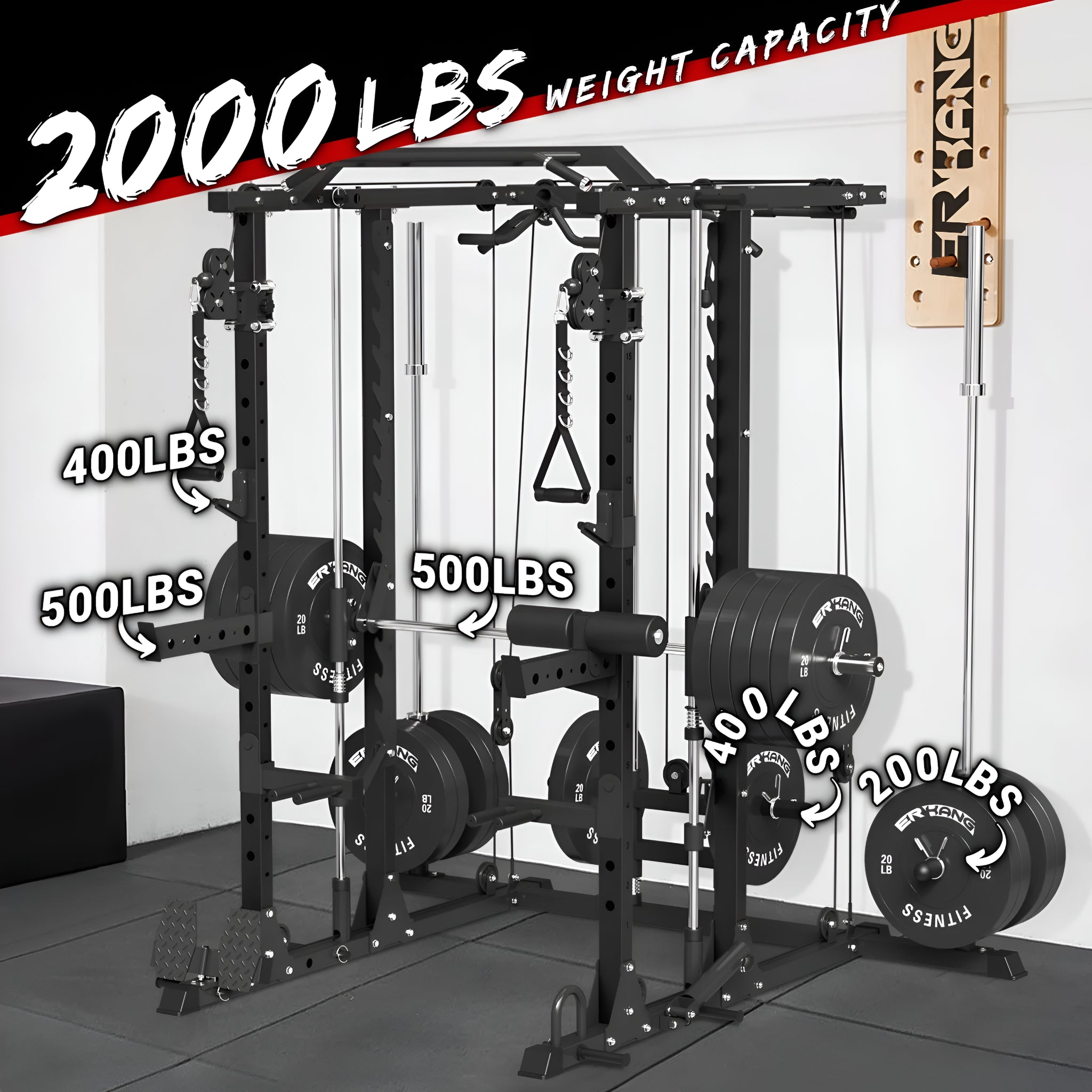 ER KANG Smith Machine Home Gym, 2000LBS Smith Rack with Cable Crossover and 800LBS Weight Bench, Home Gym Equipment