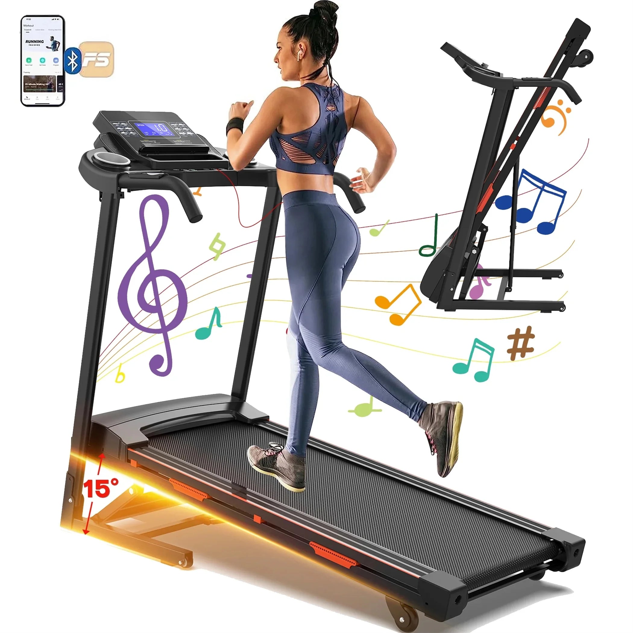 Treadmill with Auto Incline, 330 Lb Capacity, 3.25 HP Folding Electric Treadmill Running Machine 9 Mph Max Speed