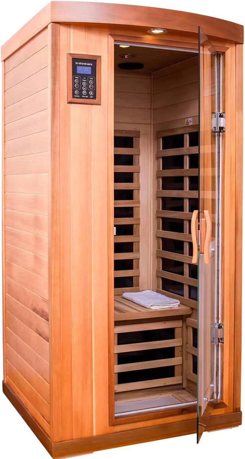 Far Infrared Sauna Room 1-2 Person Infrared Home Saunas, 8 Low EMF Heating Panels, 1510 Watts Red Cedar Wooden Saunabox with LED Reading Lamp, LCD Display-Control, Blue-Tooth Audio